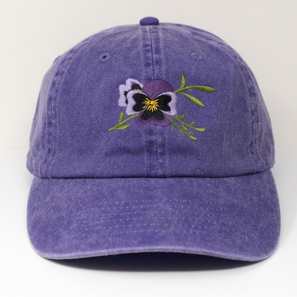 Pansy Flower Embroidered Baseball Cap, Floral Theme Wash Cotton Baseball Hat, Summer Sun Hat Black