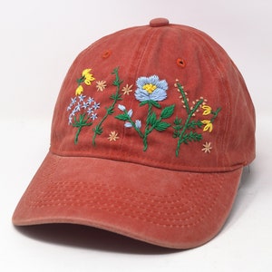 Wash Cotton Baseball Cap, Hand Embroidered Flower Hat, Poppy Daisy Peony Thistle Curved Brim Baseball Hat, Colorful Summer Cap