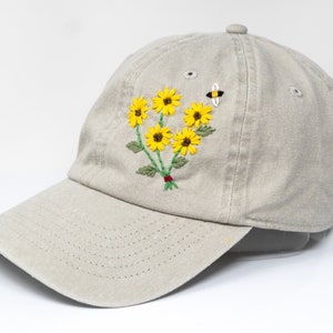 Sunflower Bee Cotton Baseball Cap, Hand Embroidered Hat, Curved Brim Baseball Hat, Colorful Summer Cap