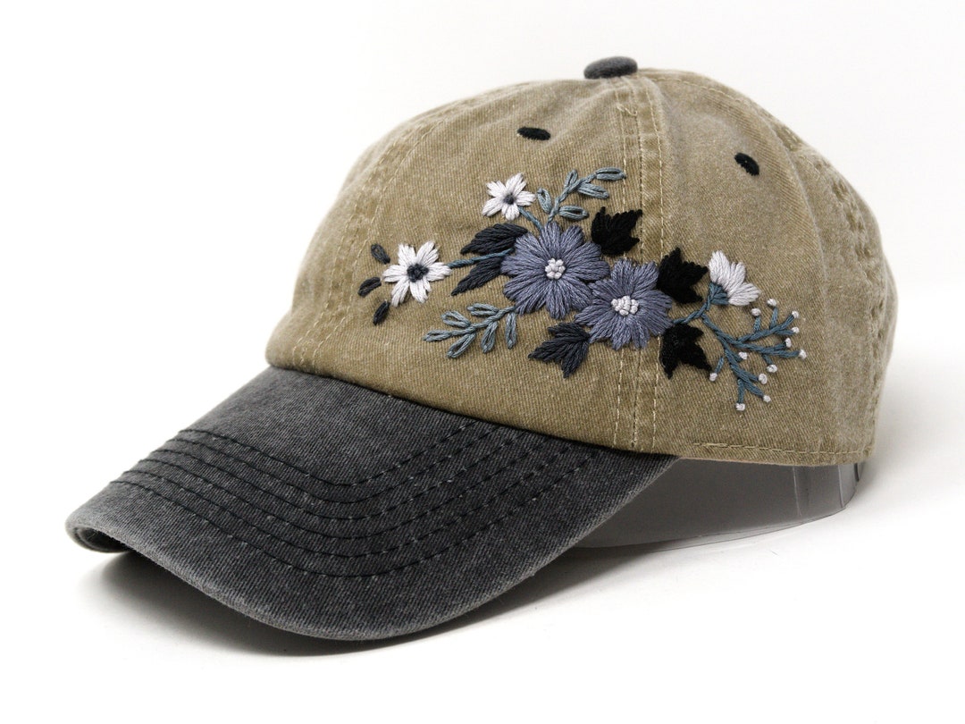 Bohemian Flower Curved Brim Sun Hat Black Khaki - Handmade