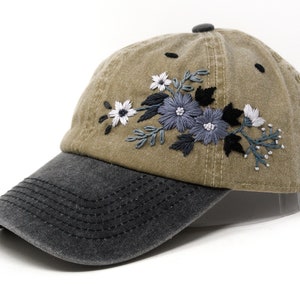 Bohemian Flower Curved Brim Sun Hat Black Khaki - Handmade Embroidery on Cotton Denim Cap for Summer
