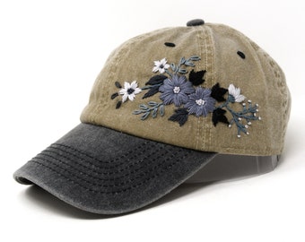 Bohemian Flower Curved Brim Sun Hat Black Khaki - Handmade Embroidery on Cotton Denim Cap for Summer