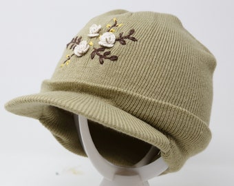 Hand Embroidered Cable Knit Beanie Hat with Brim Visor, White Rose Flower Embroidered Winter Hat