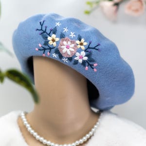 Floral Wool French Beret | Handcrafted Embroidered French Hat | Sky Blue Boho Chic Women’s Winter Beret
