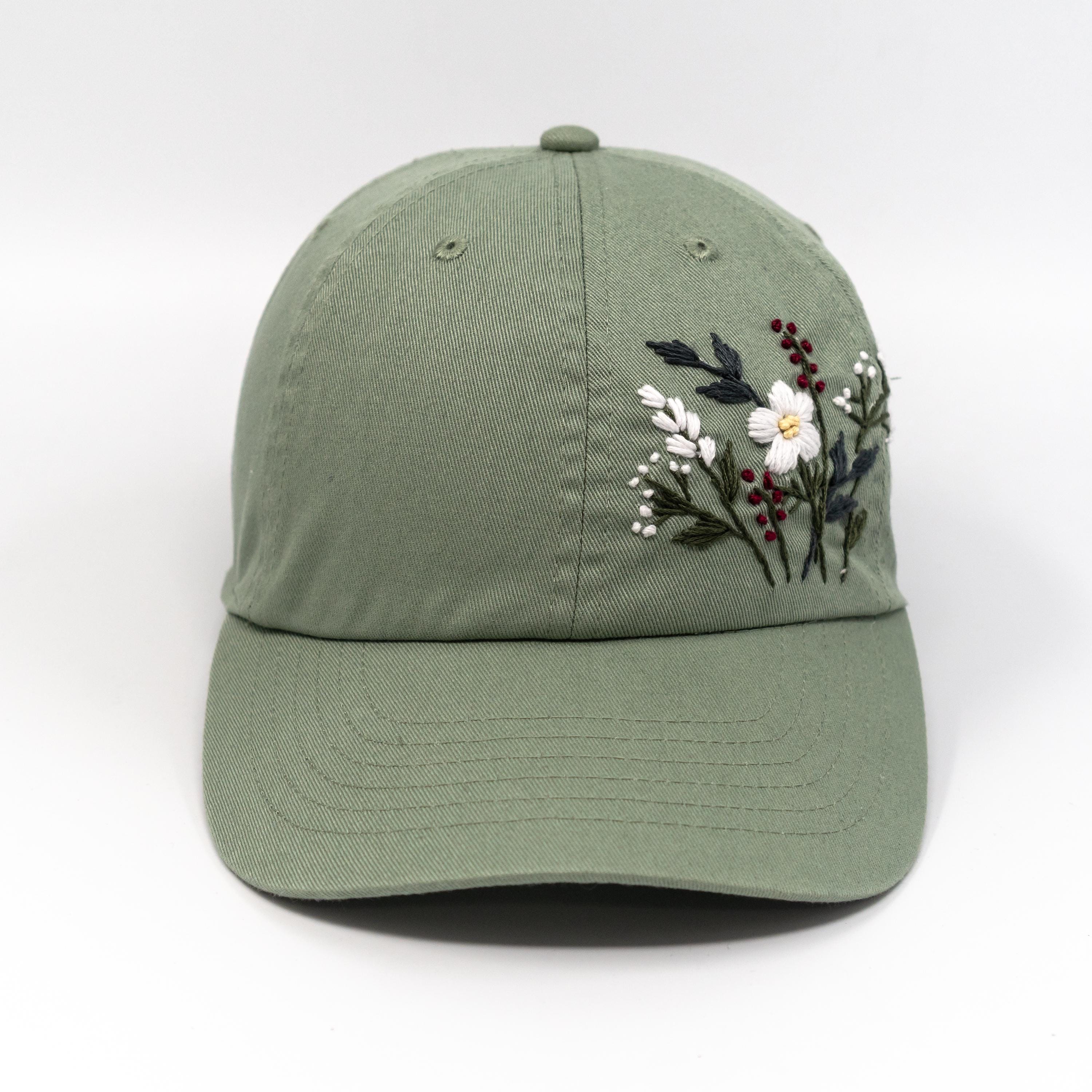 Sage Green Floral Baseball Cap – Hand-embroidered Hat With White and ...