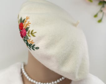 French Wool Beret With Unique Flower Embroidery 