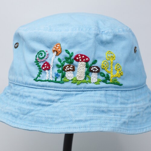 Washed Cotton Bucket Hat, Hand Embroidered Mushroom Cap Short Brim Demin Light Blue,