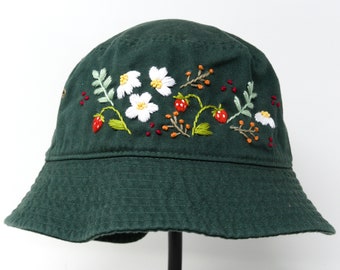 Rustic Embroidered Strawberry Flower Bucket Hat Dark Green - Distressed Denim with Unique Stitching and Short Brim - Cotton Material