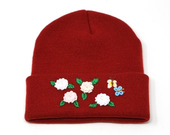 Winter Knit Beanie Hat, Hand Embroidered Flower Rose Cap Warm Acrylic Burgundy Red