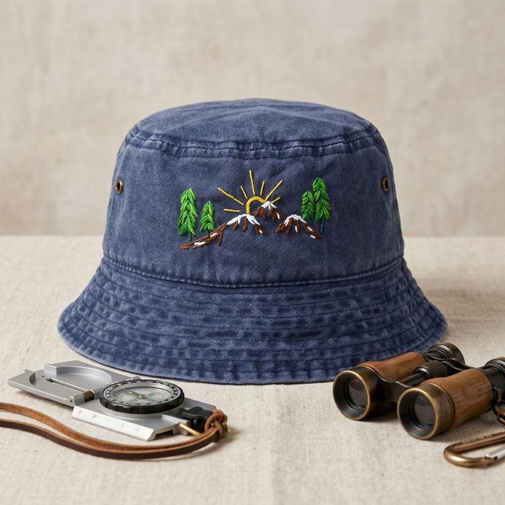 Washed Cotton Bucket Hat, Hand Embroidered Wild Mountain Landscape