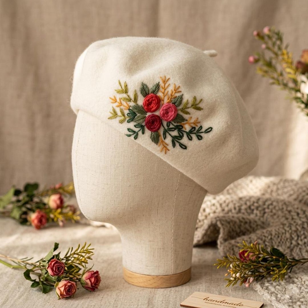 French Wool Beret With Unique Flower Embroidery  display picture 2