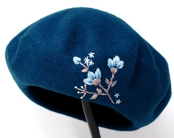 Handmade Hand Embroidered Blue Navy Beret Flower 100% Wool Beret Hat, Warm Winter French Cap Cute