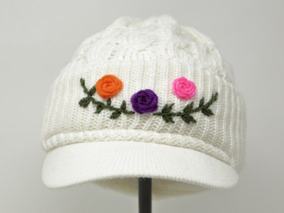 Winter Knit Hat with Crochet Visor Brim and Flower Accent Women main image 4