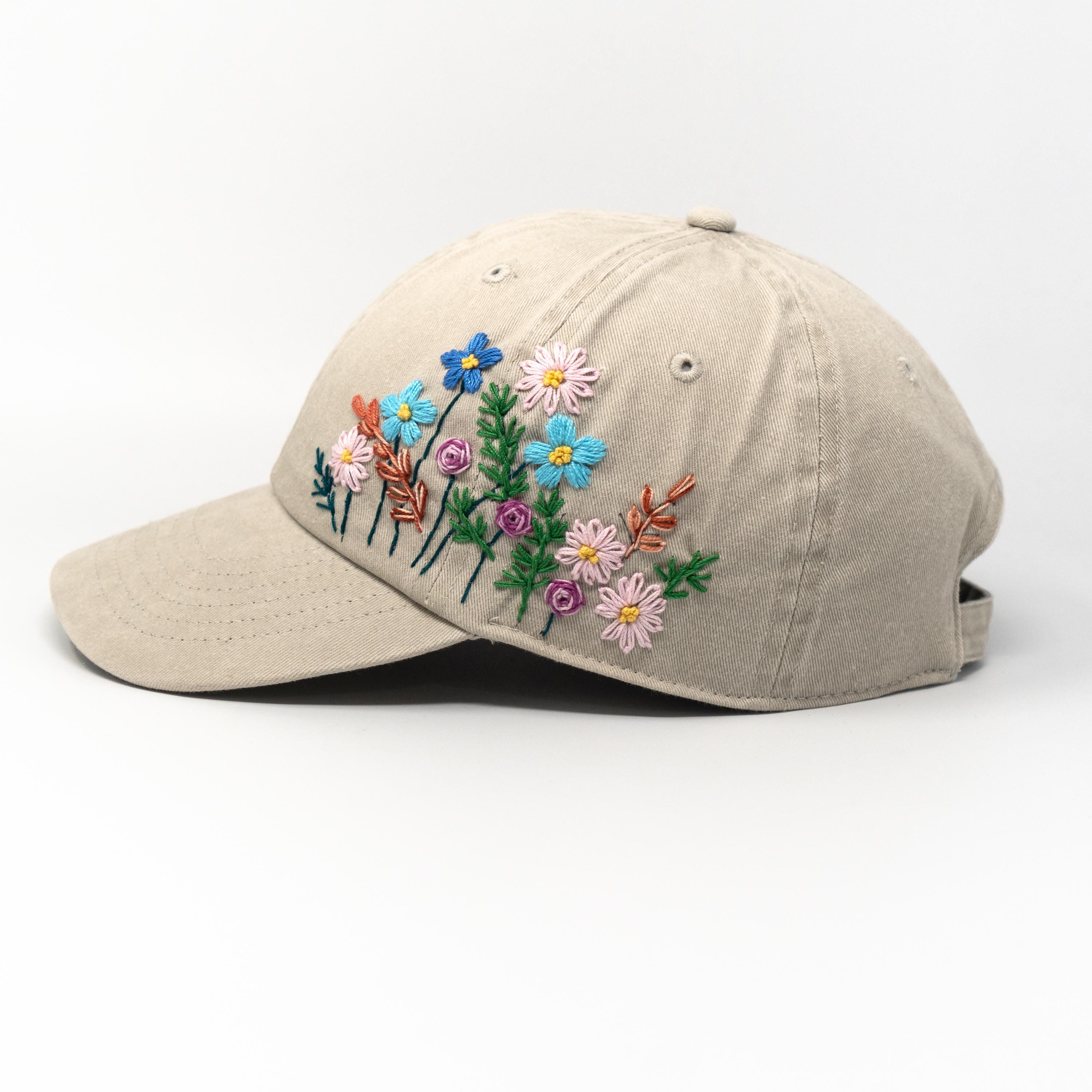 Delicate Hand Embroidered Wildflower Baseball Cap | Floral Stitched Hat ...