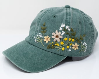 Hand Embroidered Floral Baseball Cap | 100% Cotton Hat | Botanical Garden Design