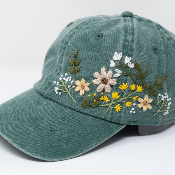 Hand Embroidered Floral Baseball Cap | 100% Cotton Hat | Botanical Garden Design