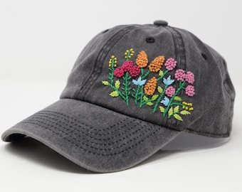 Wash Cotton Baseball Cap, Hand Embroidered Flower Hat Cap, 2 Tone Curved Brim Baseball Hat, Black Grey Summer Cap