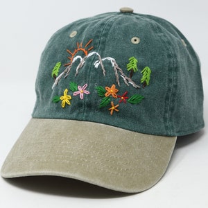 Hand Embroidered Mountain Flower Trees 2 Tone Green Beige Wash cotton Baseball Cap Summer Sun Hat