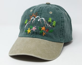 Hand Embroidered Mountain Flower Trees 2 Tone Green Beige Wash cotton Baseball Cap Summer Sun Hat