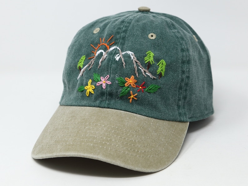 Hand Embroidered Mountain Flower Trees 2 Tone Green Beige Wash cotton Baseball Cap Summer Sun Hat image 1