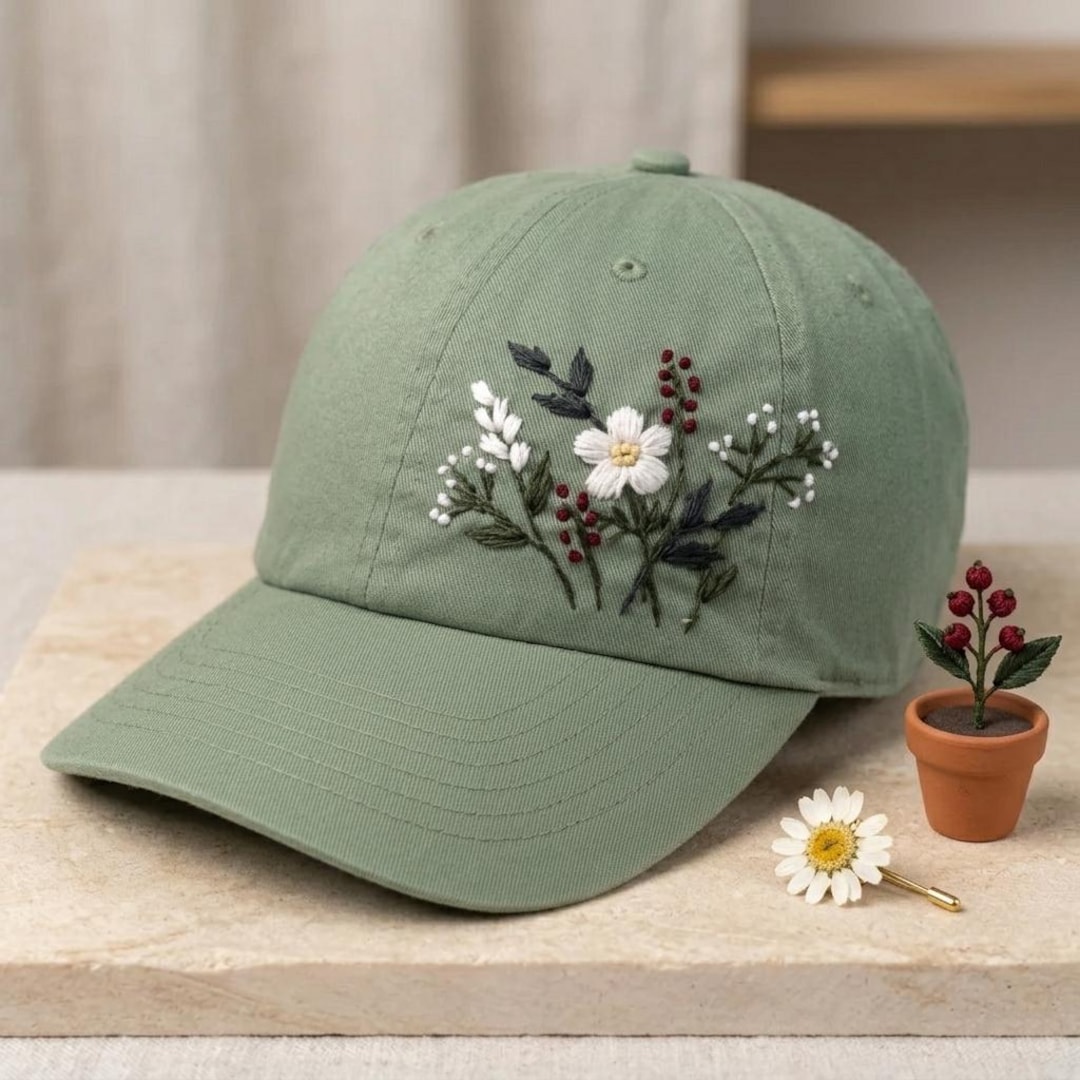 New Han Kjobenhavn Embroidered Floral Green Baseball Cap Hat Han Kjobenhavn Green Distressed Signature Cap Han Kjobenhavn main image 2