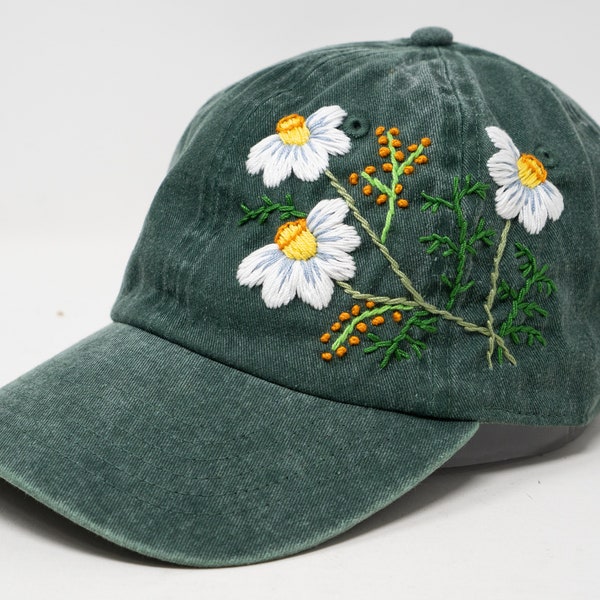 Hand Embroidered Daffodils Flower Hat Cap, Wash Cotton Baseball Cap, 2 Tone Curved Brim Baseball Hat, Summer Outdoor Sun Hat