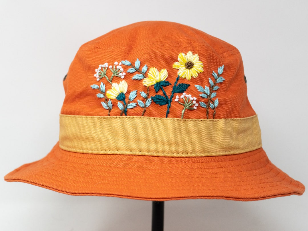 Floral Chic: Hand Embroidered Short Brim Orange Bucket Hat  display picture 1