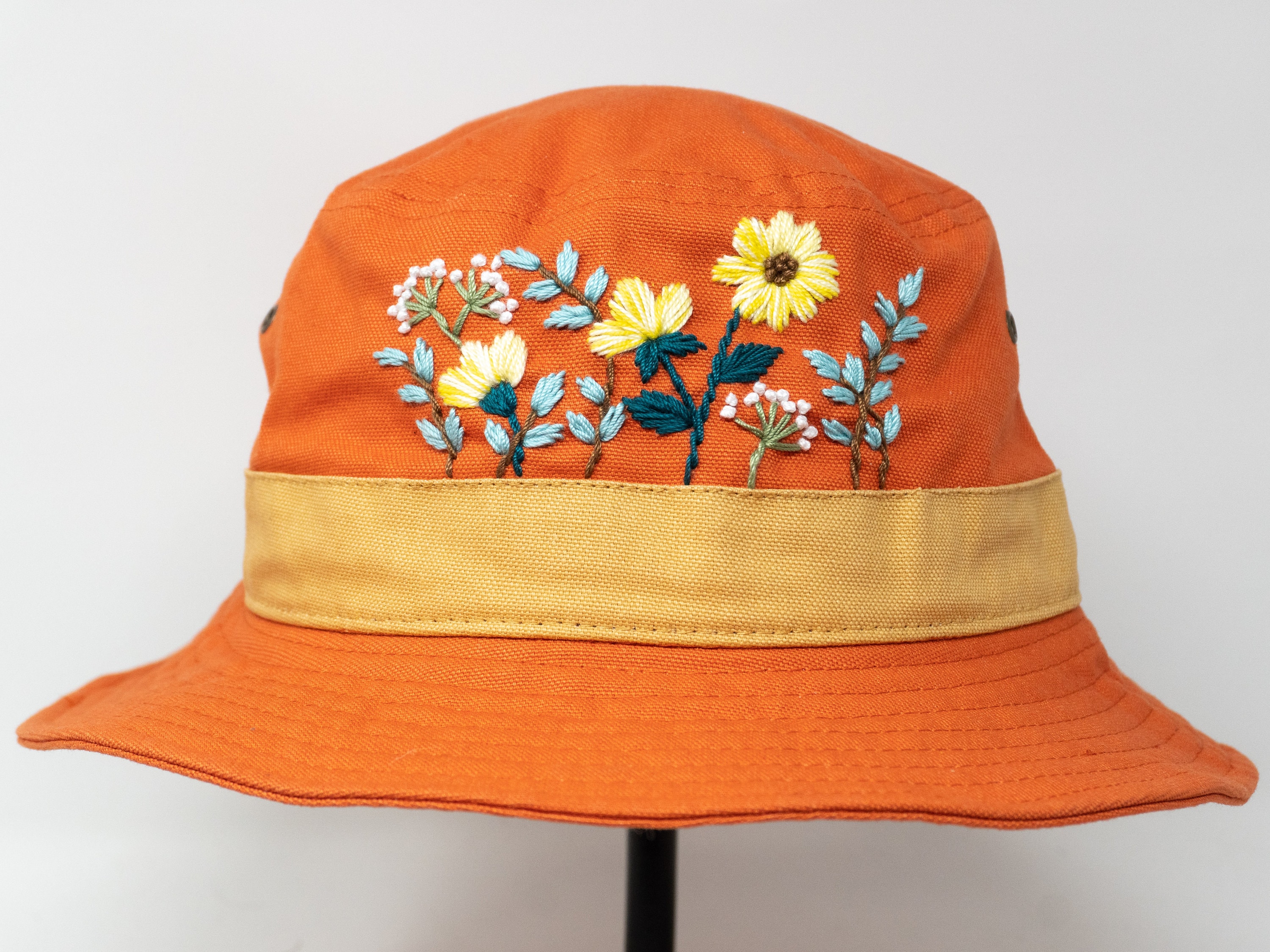 Floral Chic: Hand Embroidered Short Brim Orange Bucket Hat