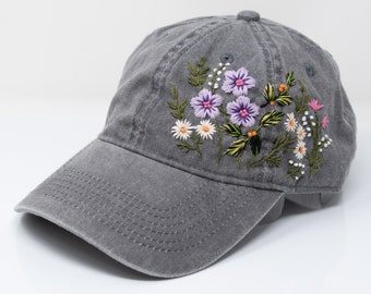 Custom Floral Embroidery Baseball Cap | 100% Washed Stone Grey Cotton Hat | Garden Chic Accessories