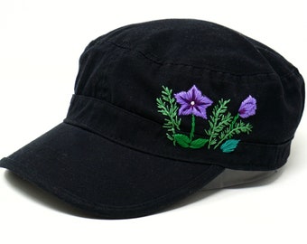 Wash Cotton Hand Embroidered  Petunia Rosemary Cadet Flat Cap, Colorful Military Patrol Hat, 100% Cotton Curve Brim Flower Cadet