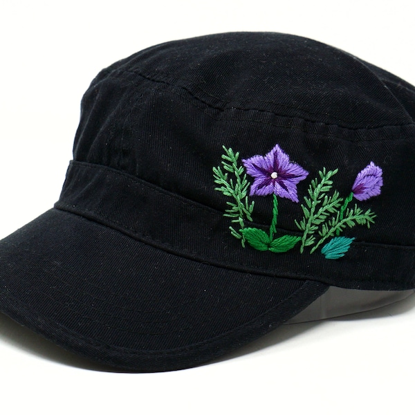 Wash Cotton Hand Embroidered  Petunia Rosemary Cadet Flat Cap, Colorful Military Patrol Hat, 100% Cotton Curve Brim Flower Cadet