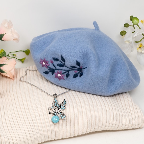 Unique Hand-embroidered Light Blue Wool Beret With Flower  display picture 1