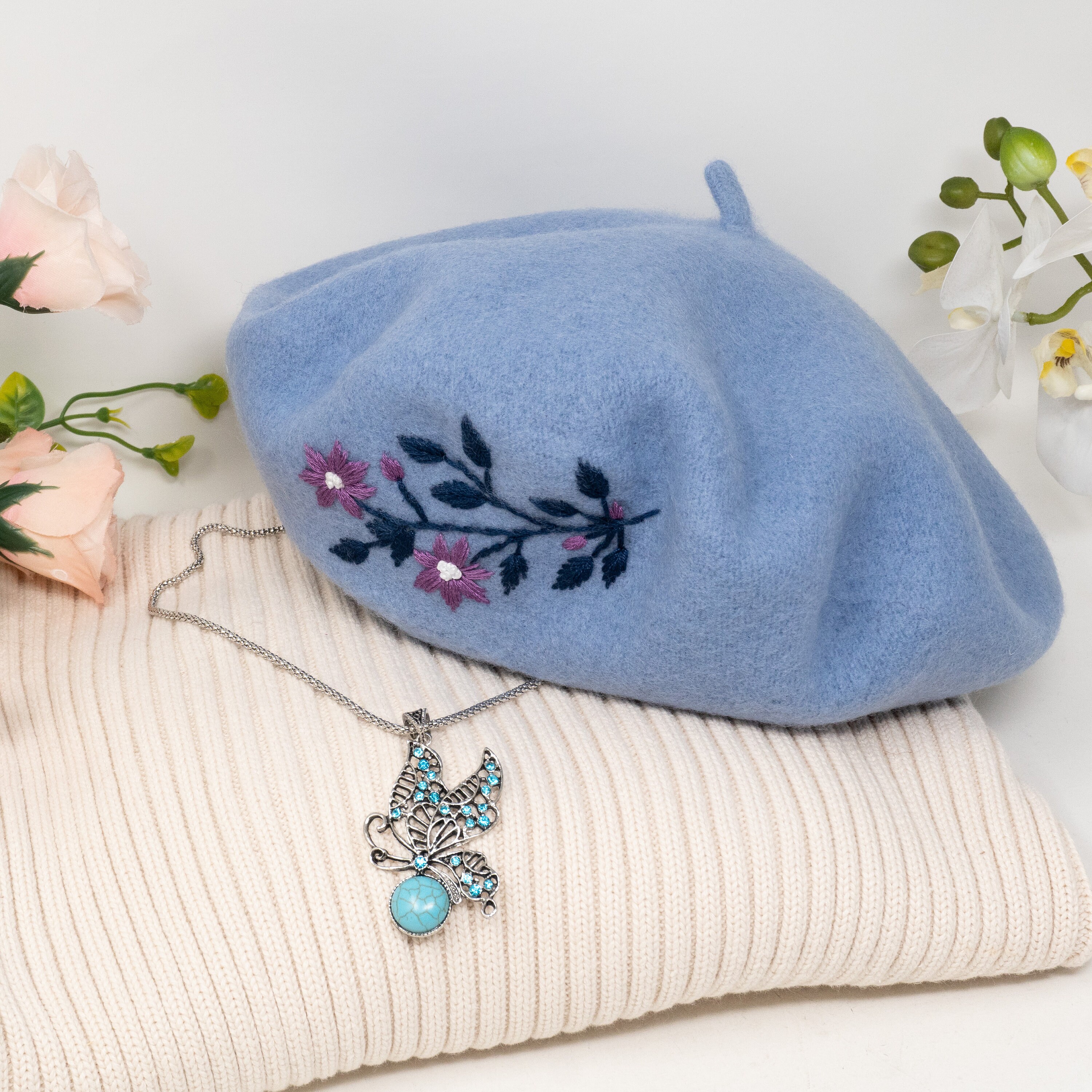 3176 Women\'s Beret, Floral Blue, One Size Fits Light Blue Beret | French Beret® main image 2