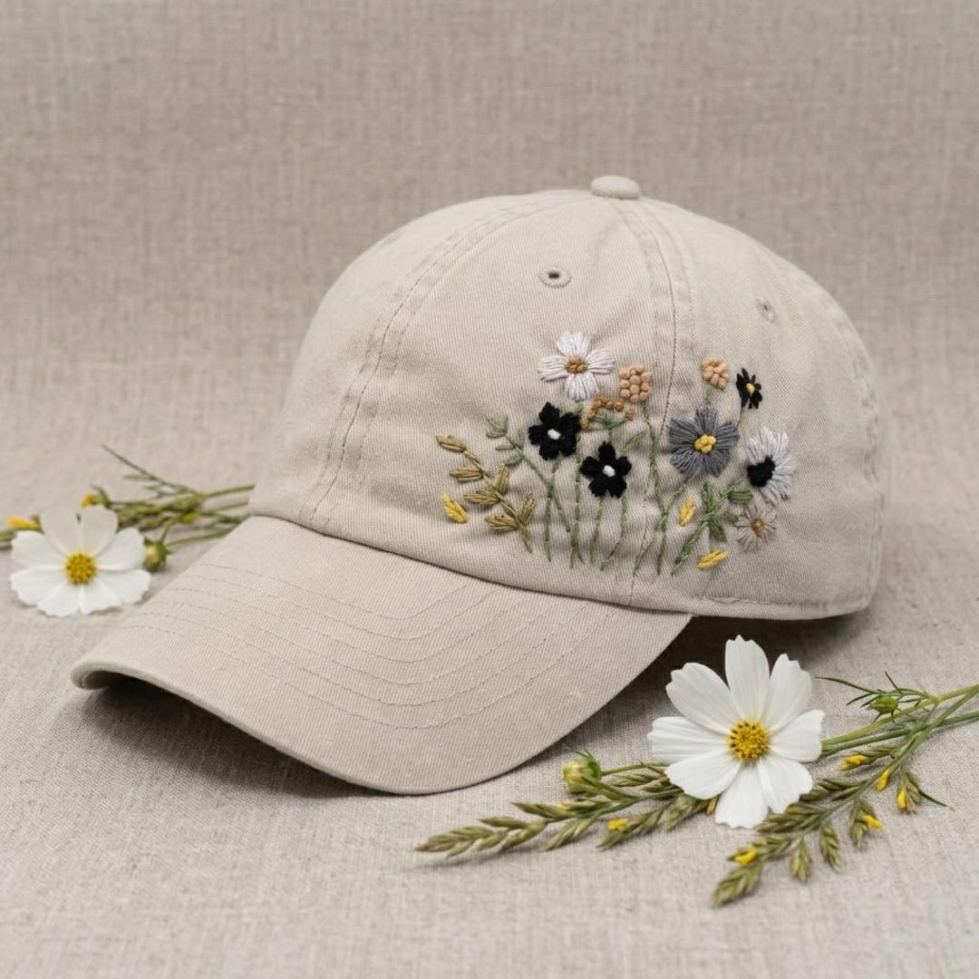 Floral Hand Embroidered Baseball Cap | Boho Cottagecore Hat ...