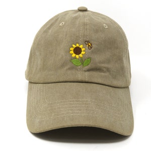 Bonita gorra de béisbol de verano con bordado de abeja y girasol, sombrero de verano con ala curva de algodón lavado