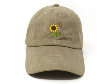 Cute Sunflower Bee Embroidered Summer Baseball Cap, Washed Cotton Curve Brim Summer Hat