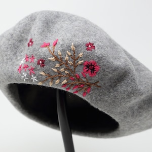 100% Wool Beret Hat, Handmade Winter French Cap Hand Embroidered Red Flower Gray Hat