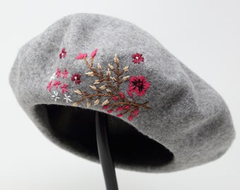 100% Wool Beret Hat, Handmade Winter French Cap Hand Embroidered Red Flower Gray Hat