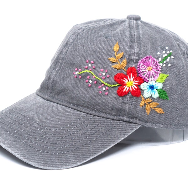 Wash Cotton Black Baseball Cap, Hand Embroidered Flower Hat, Curved Brim Baseball Hat, Colorful Summer Cap