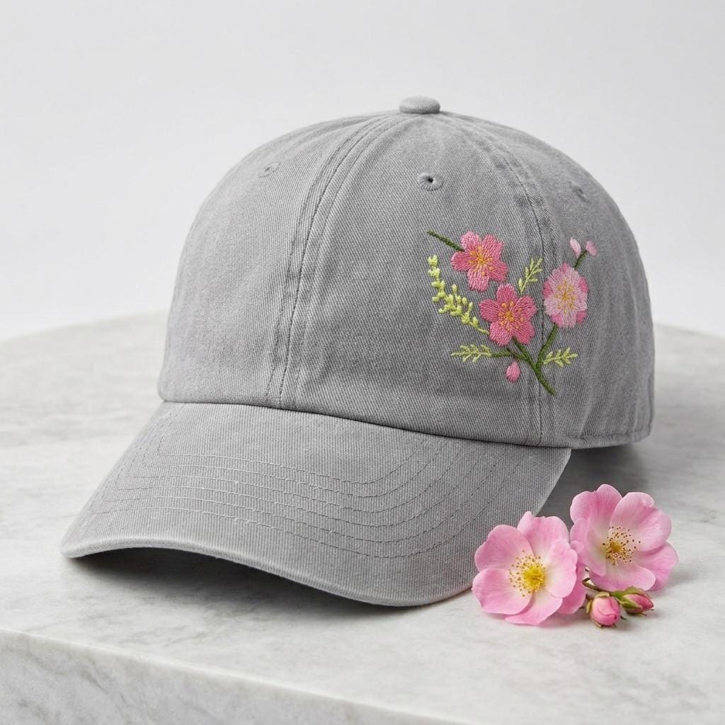 Flower Embroidered Cherry Blossom Sakura Baseball Cap, Washed
