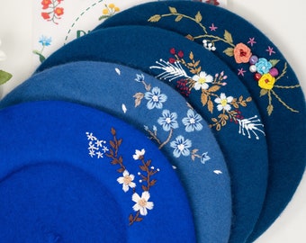 Floral Fantasy: Blue Wool Beret with Hand-Stitched Flowers - Trending Handmade Hat, Unique Women's Fashion Accessory