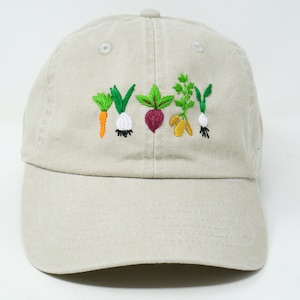 Hand Embroidered Mixed Vegetable Vege Garden Baseball Hat, Curved Brim Baseball Hat, Colorful Sun Summer Cap Beige
