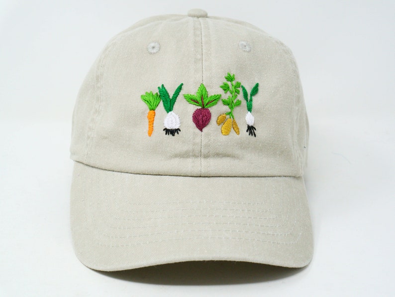 Hand Embroidered Mixed Vegetable Vege Garden Baseball Hat, Curved Brim Baseball Hat, Colorful Sun Summer Cap Beige