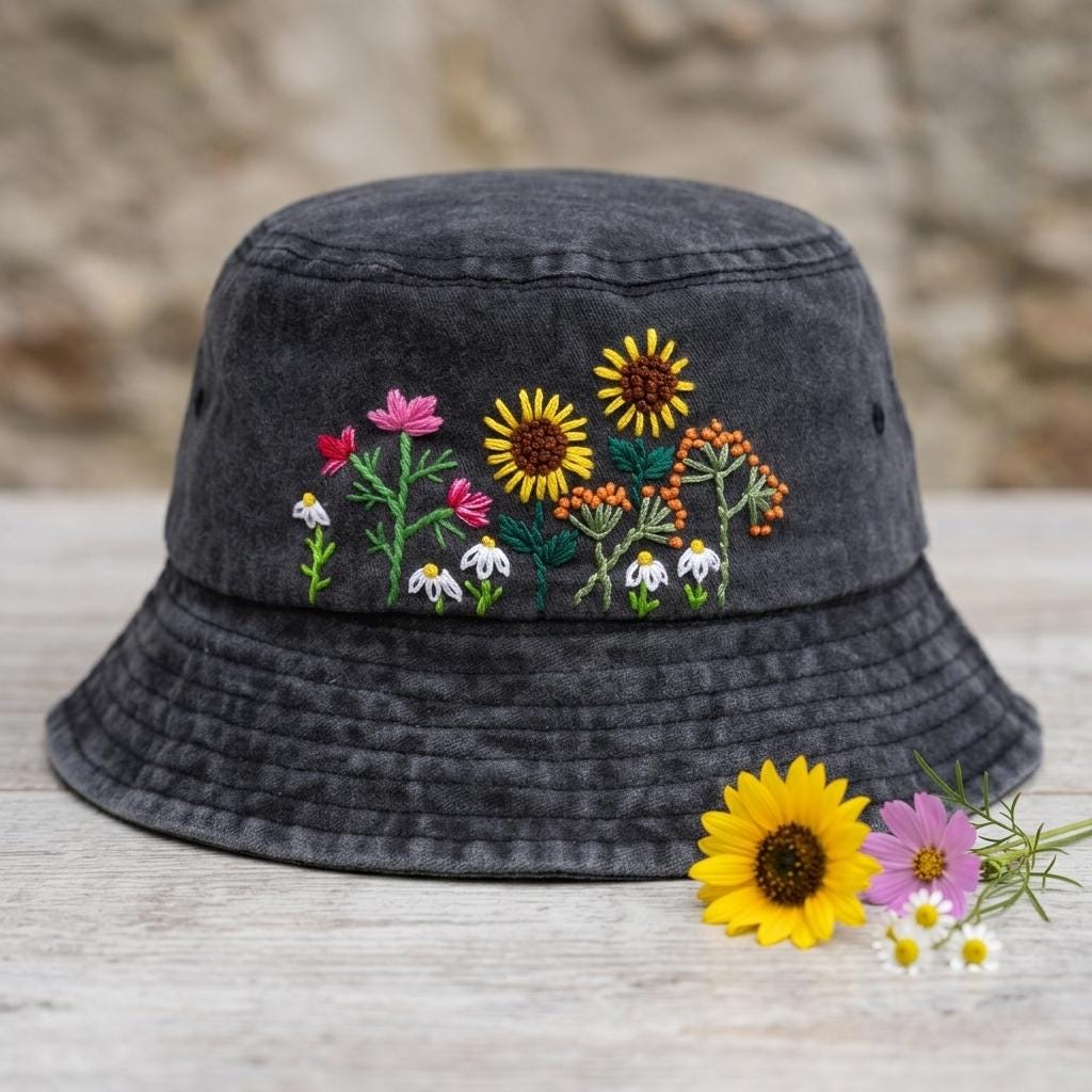 Hand Embroidered Sunflower Flower Bucket Cap, Short Brim Wash