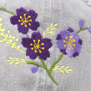 Flower Embroidered Cherry Blossom Sakura Baseball Cap, Washed Cotton Curve Brim Summer Hat Grey image 5