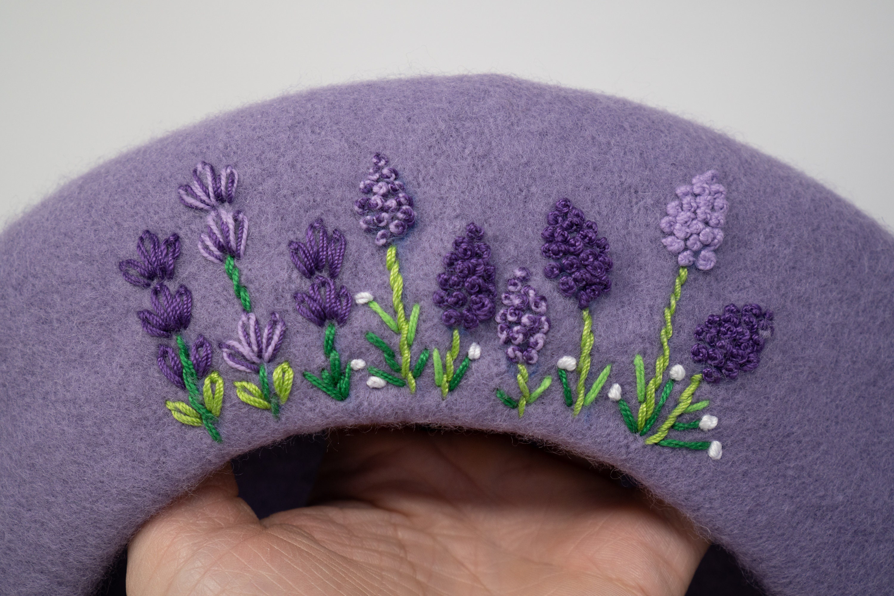 Feminine Flora: Hand-embroidered Violet Purple Wool Beret 