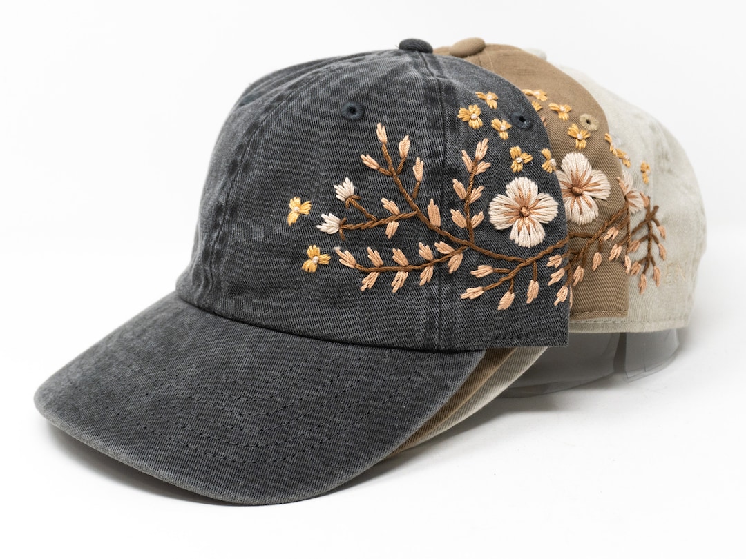 Golden Blooms on Beige: Hand Embroidered Washed Baseball Cap - Etsy