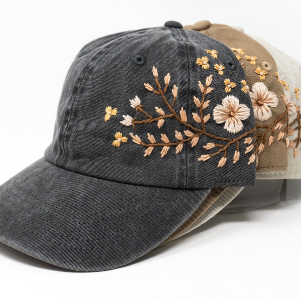 Golden Blooms on Beige: Hand Embroidered Washed Baseball Cap with Khaki Flower Design Curved Brim Summer Hat