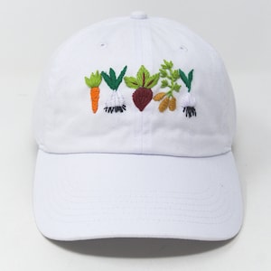 Hand Embroidered Mixed Vegetable Vege Garden Baseball Hat, Curved Brim Baseball Hat, Colorful Sun Summer Cap White