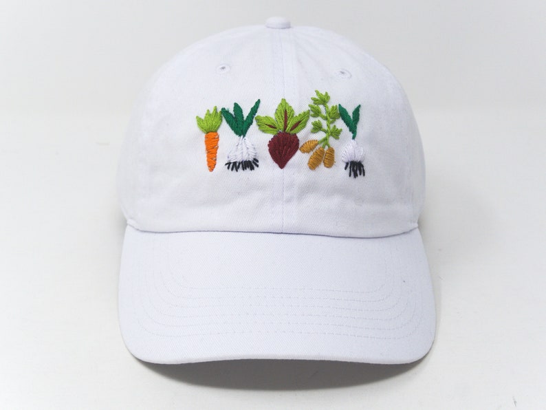 Hand Embroidered Mixed Vegetable Vege Garden Baseball Hat, Curved Brim Baseball Hat, Colorful Sun Summer Cap White